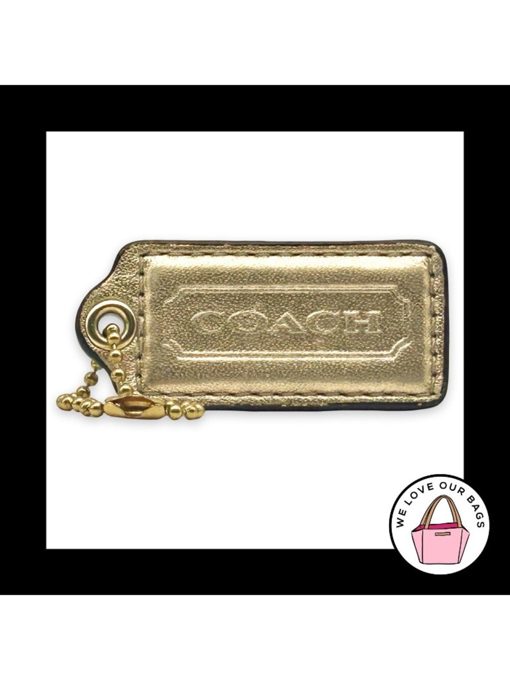 COACH HANG TAG 2.25" Gold Metallic Leather Bag Charm Keychain Fob Brass Large